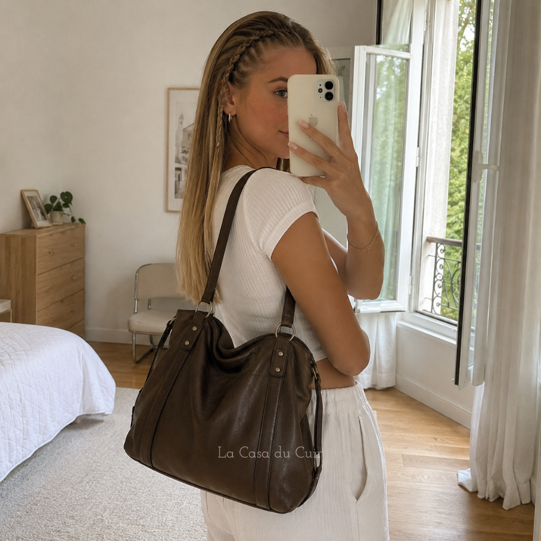 Grand sac femme polyvalent en cuir souple, idéal pour toutes les occasions.