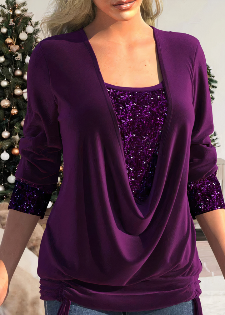 Blouse femme brillante polyvalente, élégante et confortable, idéale pour look casual chic.