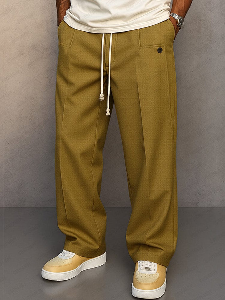 Pantalon casual homme à jambe large, couleur unie, en coton doux, avec cordon pour un confort optimal.