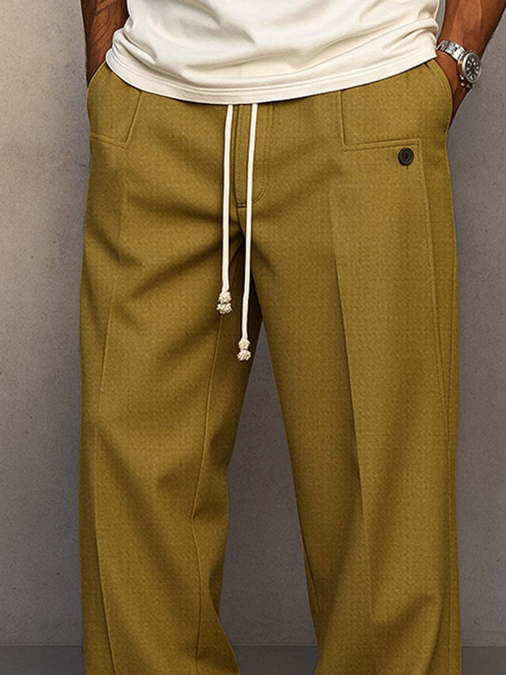 Pantalon homme fluide et décontracté, idéal pour les loisirs, jambe large et cordon d'ajustement.