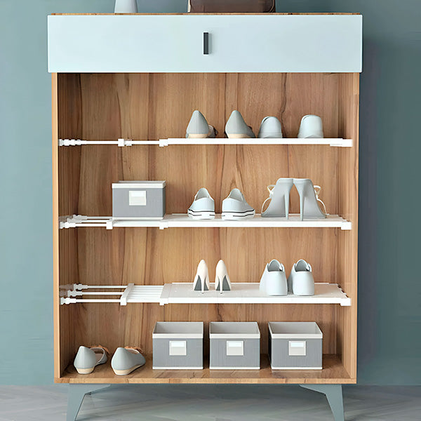 Étagère modulable et extensible pour armoire, offre un stockage flexible et un gain de place sans perçage.
