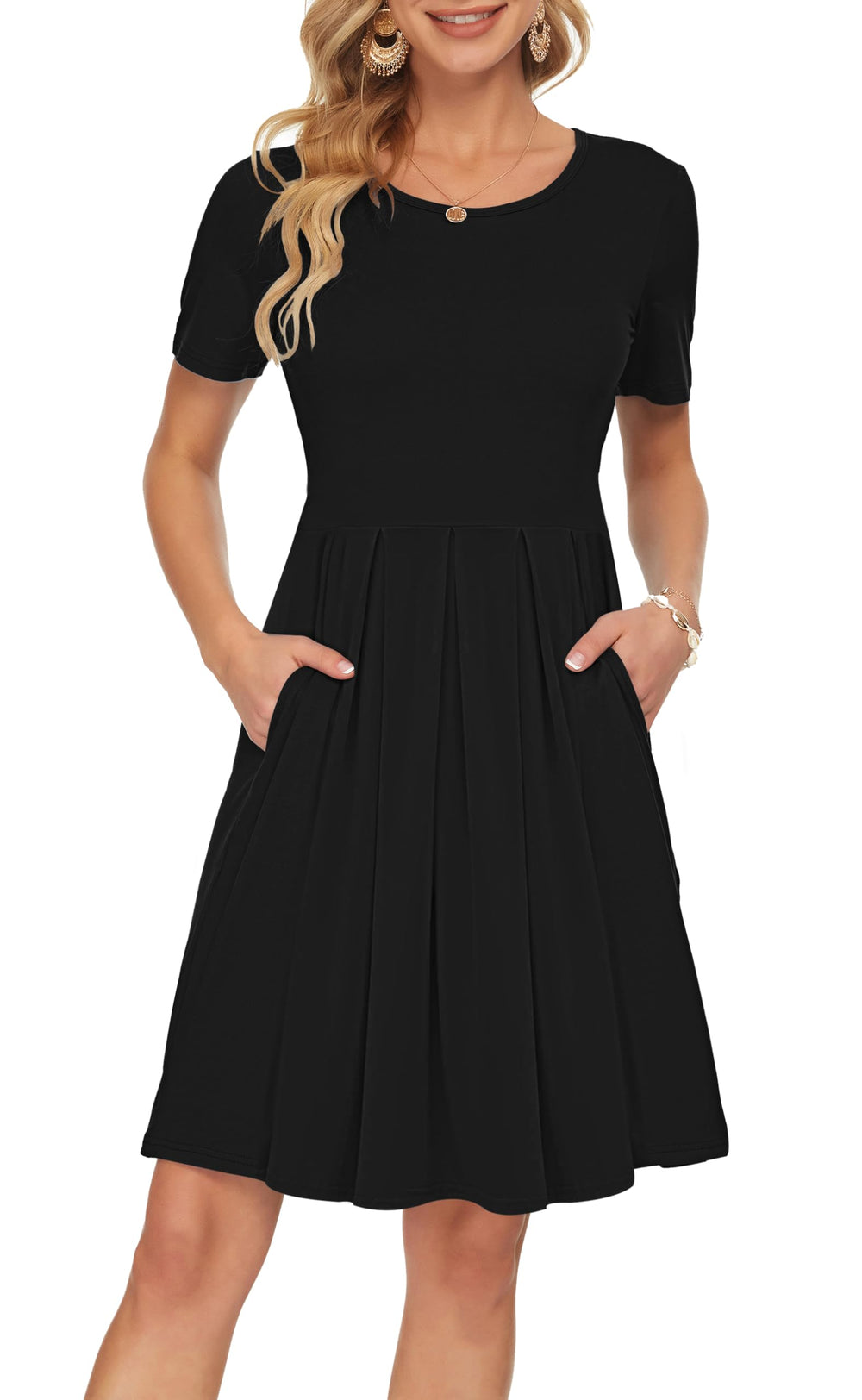 Robe femme décontractée Sylphine, longueur genou, plissée, col rond, parfaite pour l'été.