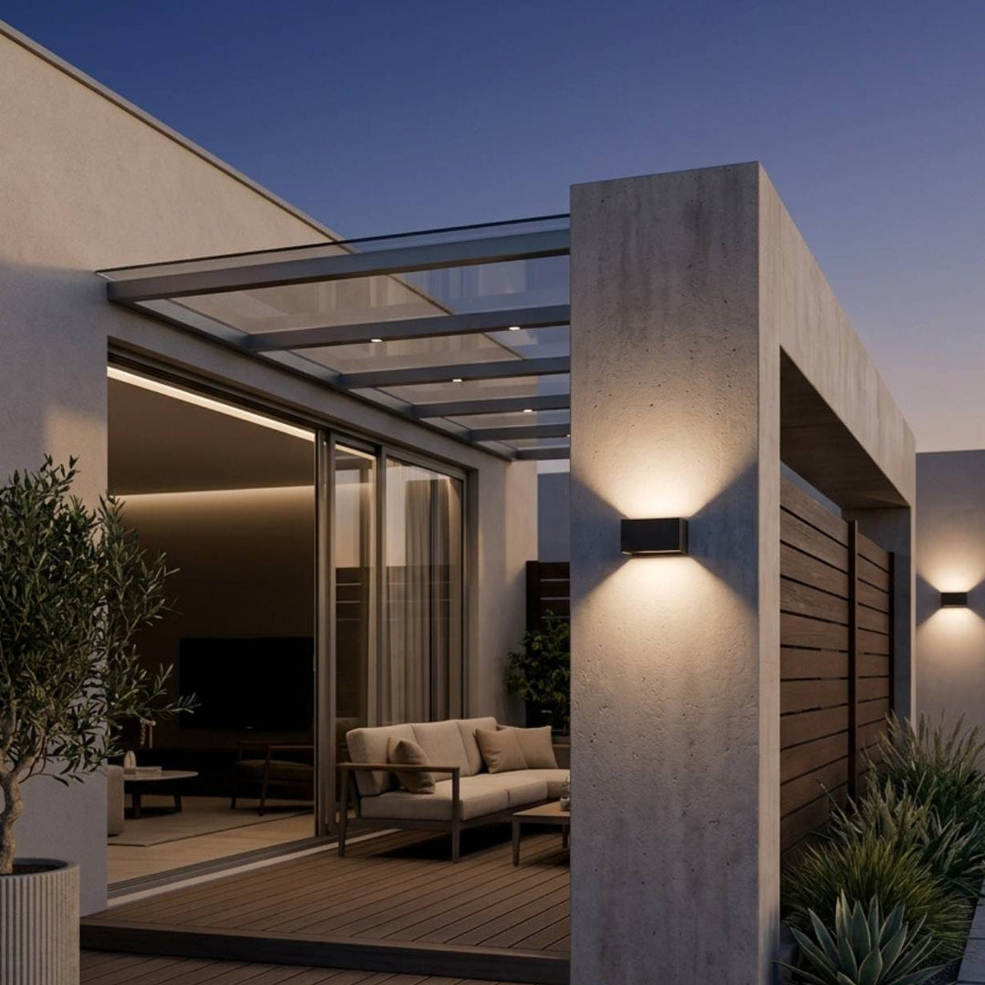 Applique murale LED extérieure design moderne réglable, éclairage blanc chaud pour balcon.