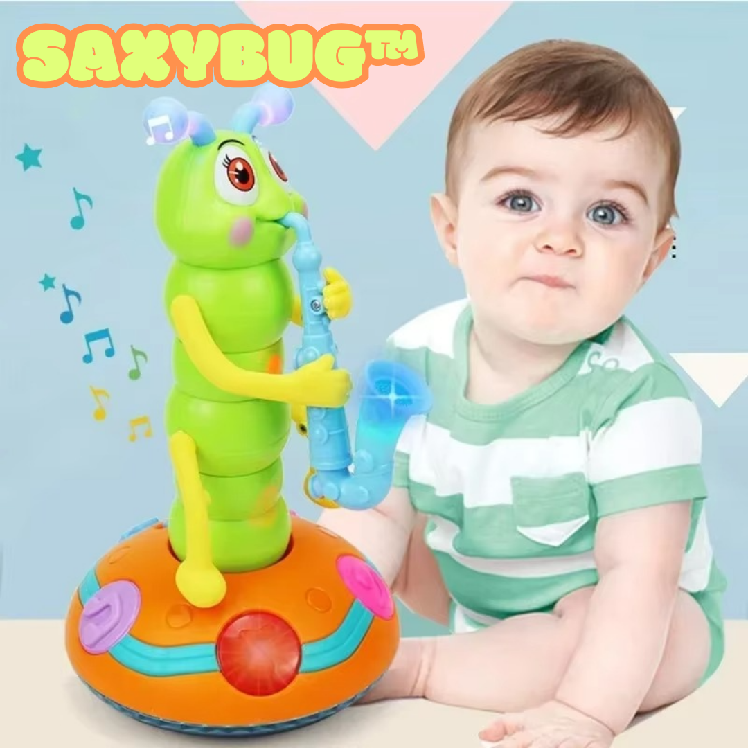 Saxophone jouet musical interactif bleu pour bébé, stimulant l'éveil sensoriel et la motricité fine.