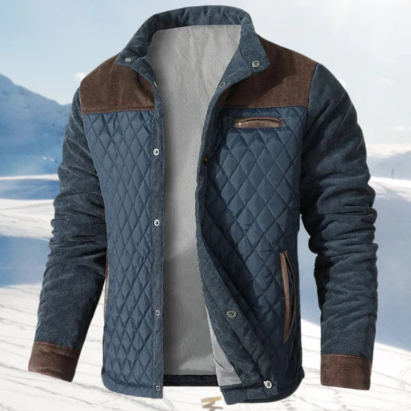Élégante veste homme blouson boutonnée, design patchwork pour une chaleur et un style uniques cet hiver.