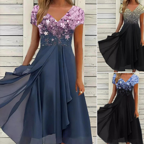 Robe midi d'été Soraya confortable et polyvalente pour femme, style glamour, manches courtes.