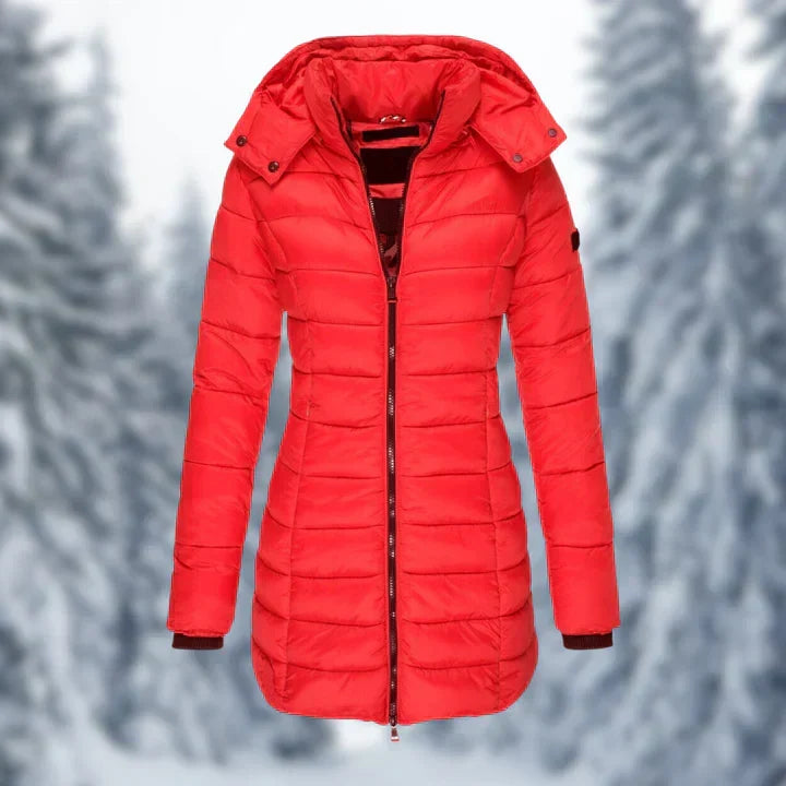 Manteau femme léger et chaud à capuche, idéal pour la collection hiver. Vêtement féminin et pratique.