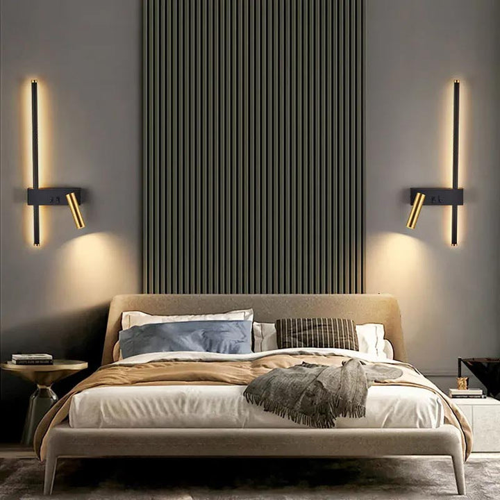Applique murale LED design moderne, aluminium noir, réflecteur réglable, éclairage intérieur élégant pour salon.