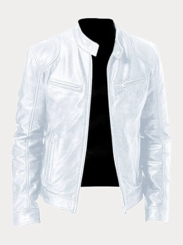 Veste zippée femme blanche, coupe motard chic et tendance, mode féminine actuelle.