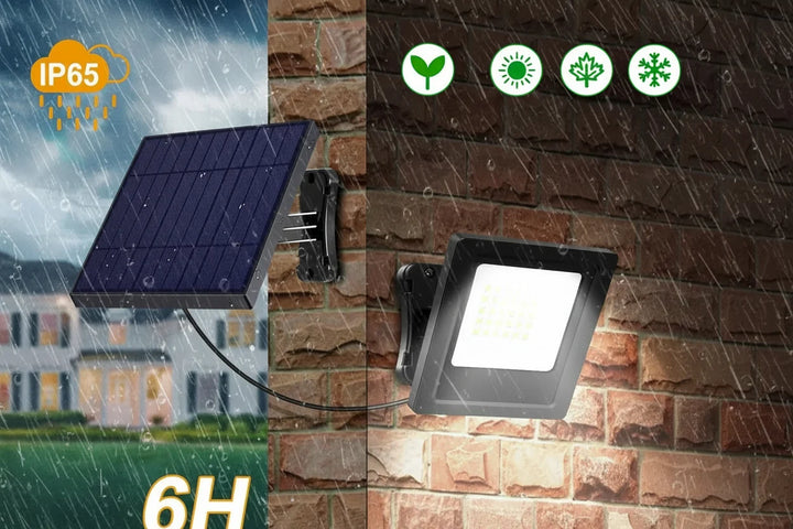 Projecteur LED solaire extérieur IP65 pour un éclairage puissant 1200LM du jardin, terrasse, allée, sécurité assurée.