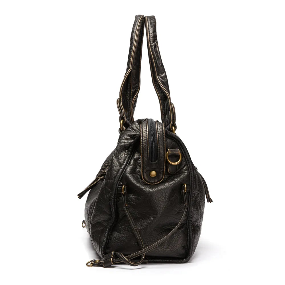 Grand sac cabas femme noir vintage, idéal pour les cours ou le travail, confortable à l'épaule.