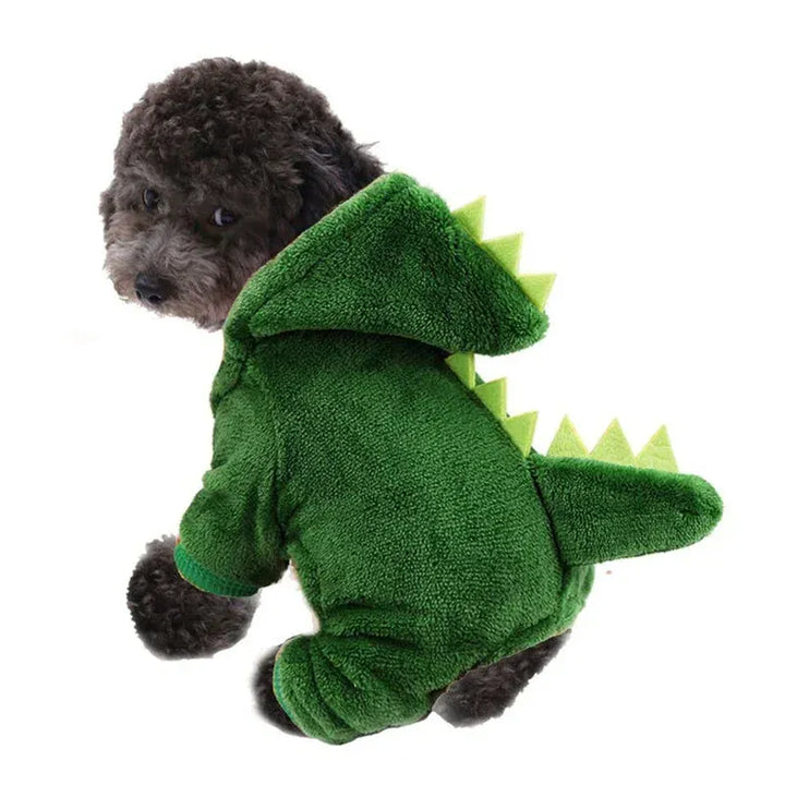 Déguisement dinosaure chaud en polaire pour chat et chiot. Ce costume animal est confortable pour l'hiver et Halloween.