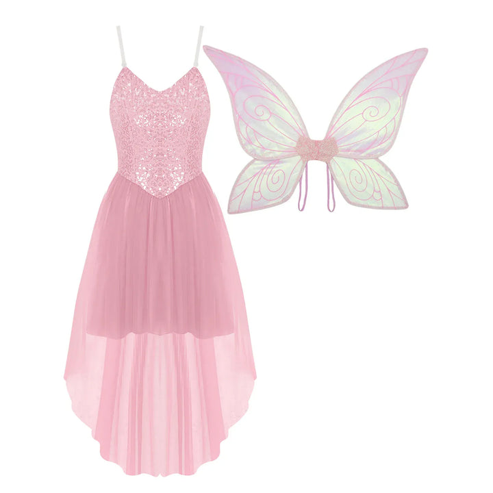 Vue détaillée du costume de fée Clochette adulte, robe et ailes lumineuses pour un look féerique parfait.