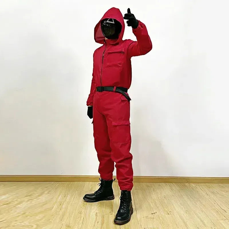 Costume enfant rose Squid Game avec masque, idéal pour fêtes, Halloween ou soirées à thème série TV.