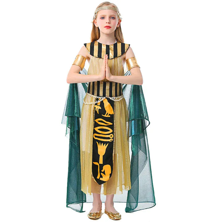 Déguisement Cléopâtre royal pour fille, costume égyptien avec robe blanche et accessoires dorés. Idéal Halloween/Carnaval.