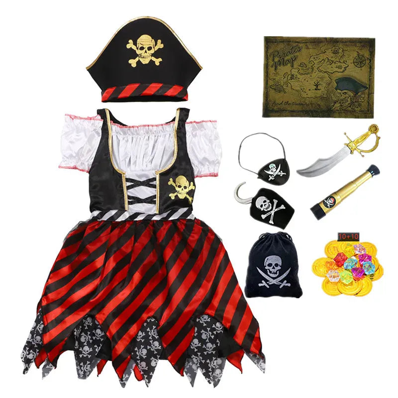 Déguisement de pirate fille avec robe rayée, chapeau, bandana, épée, pièces d'or. Idéal pour fête d'enfant et jeu de rôle.