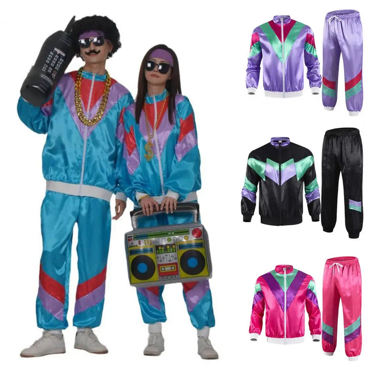 Survêtement déguisement rétro années 80, look colorblock flashy unisexe pour carnaval ou fête.