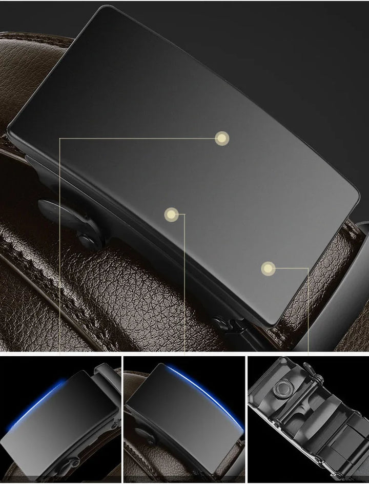 Ceinture ajustable homme noire en cuir PU avec boucle automatique, idéale pour tenue formelle ou professionnelle.
