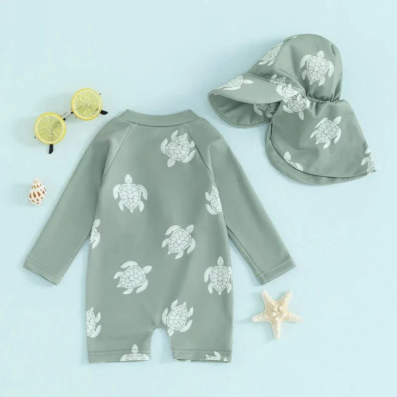 Maillot bébé anti-éruption UPF50+ pour garçons, motifs tortues et dinosaures. Idéal plage et piscine été.