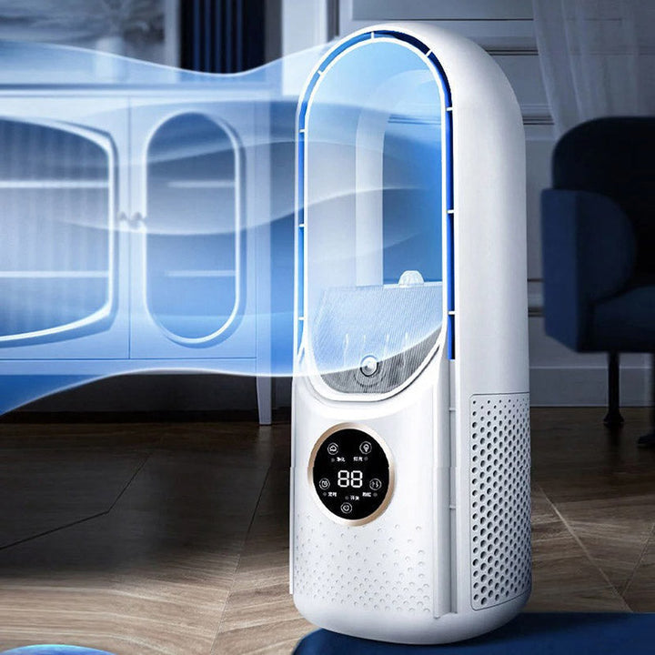 Design moderne du rafraichisseur d'air portable USB, idéal pour voyage ou maison.