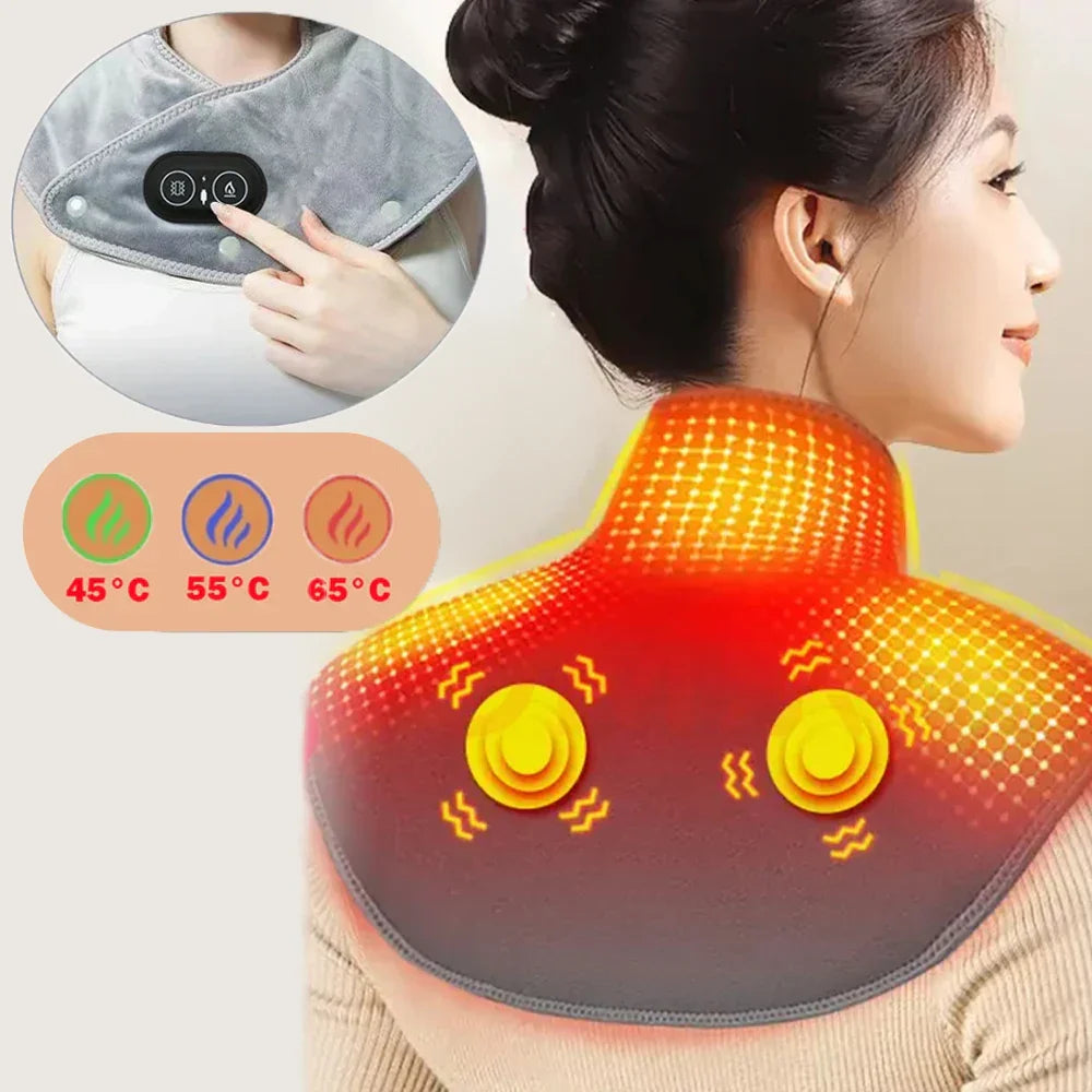 Coussin chauffant massant pour cou et épaules en velours, soulage la tension musculaire avec thérapie chaleur USB.