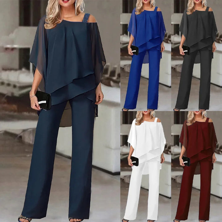 Ensemble élégant femme, haut fluide et pantalon large confortable en coton/polyester. Tenue chic et polyvalente été.
