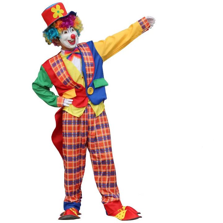 Déguisement de clown homme/femme, multicolore, pour événements et spectacles.