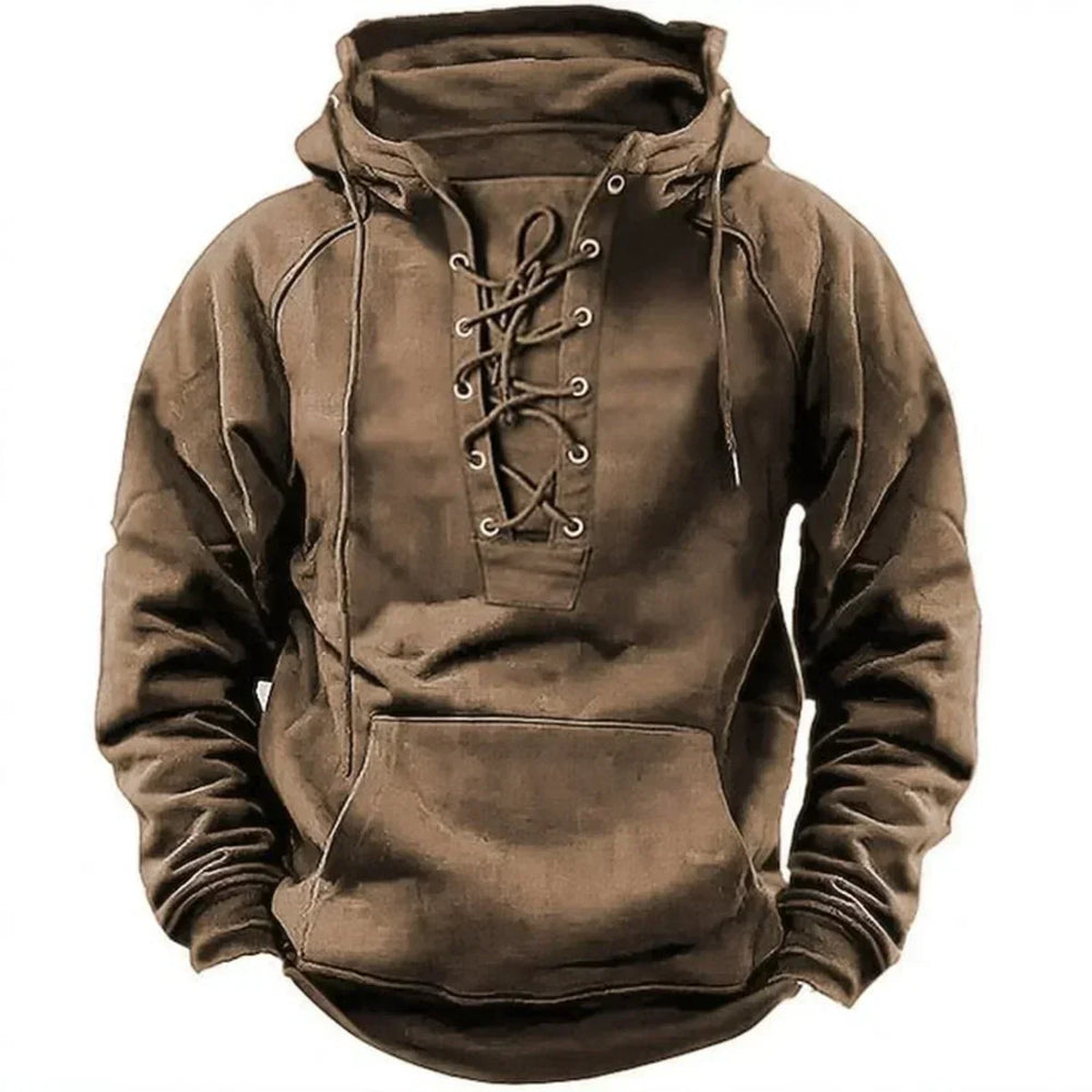 Sweat à capuche homme robuste style rétro, avec lacets. Parfait pour les loisirs, la mode masculine décontractée.