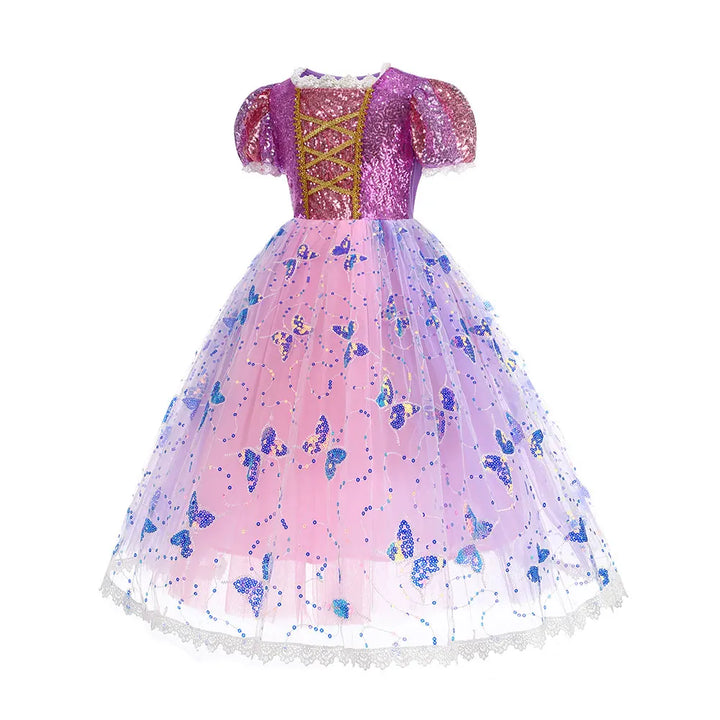 Costume princesse Raiponce rose et violet, corsage détaillé et jupe lumineuse pour petites filles.