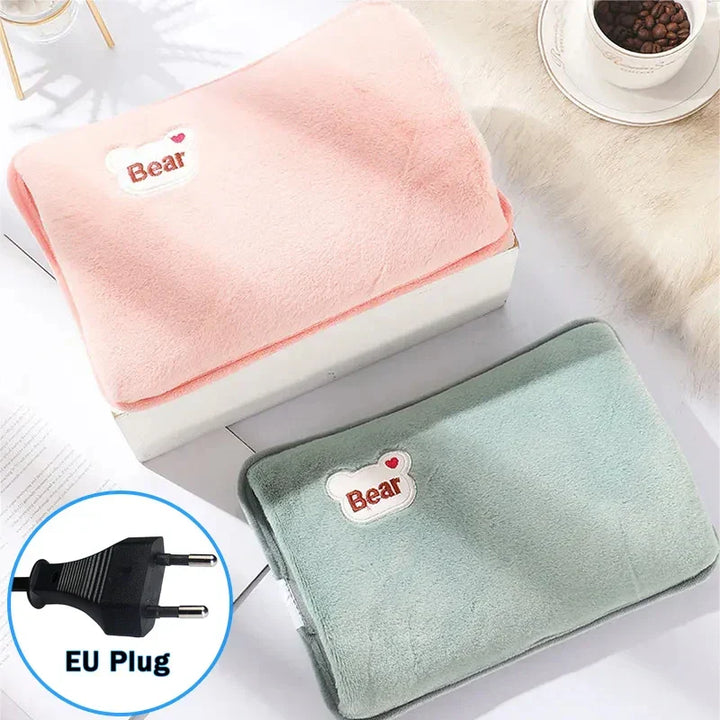 Bouillotte électrique rechargeable douce en velours, chaleur apaisante pour hiver, confort et relaxation.