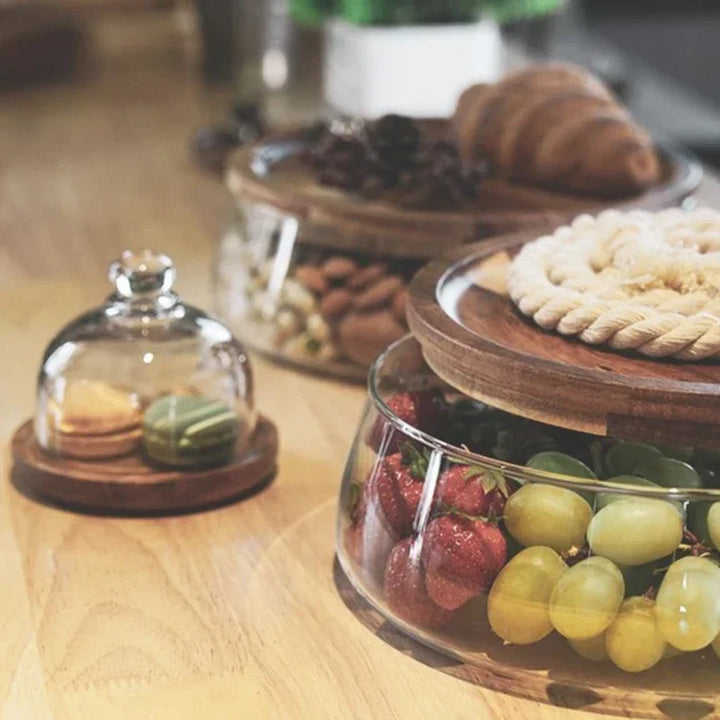 Bol de rangement en verre avec couvercle en bois d'acacia, parfait pour sucreries, snacks, bonbons. Style naturel.