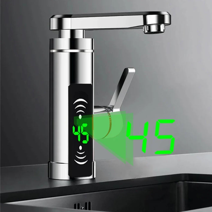 Robinet flexible de cuisine chauffant instantané, couleur argent. Écran numérique pour une eau chaude précise.