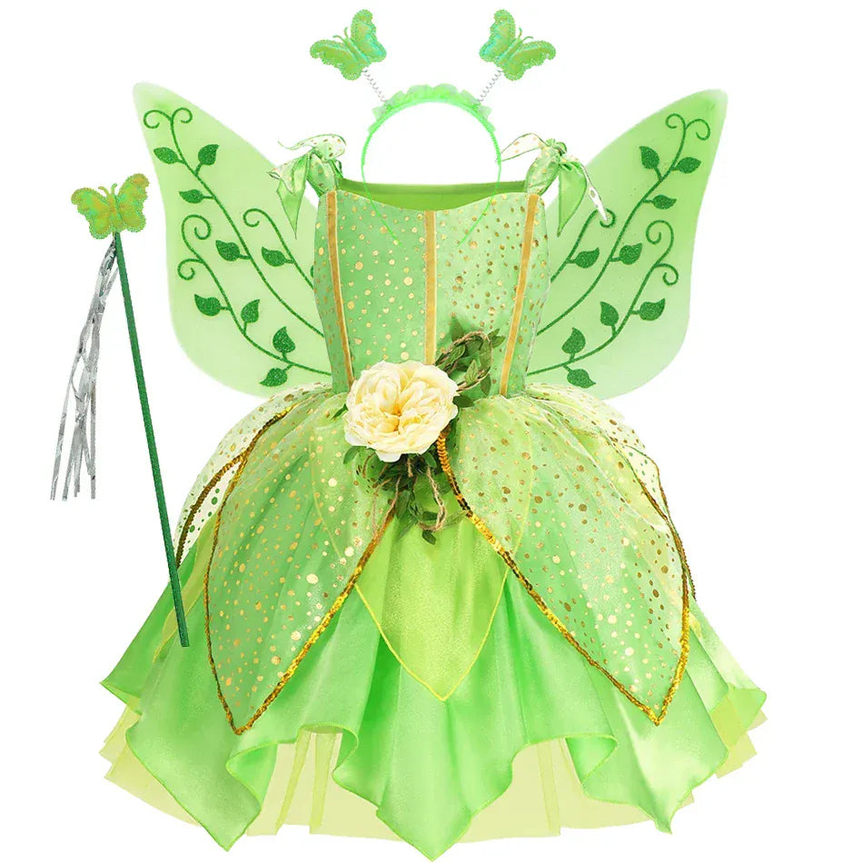 Ailes de fée scintillantes et transparentes, attachées au déguisement Clochette, ajoutant une touche magique pour enfant.