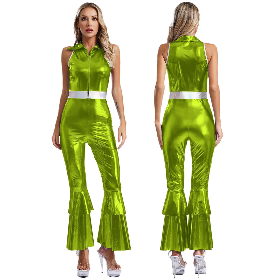 Déguisement femme brillant, années 90, combinaison métallique disco, look rétro scintillant.