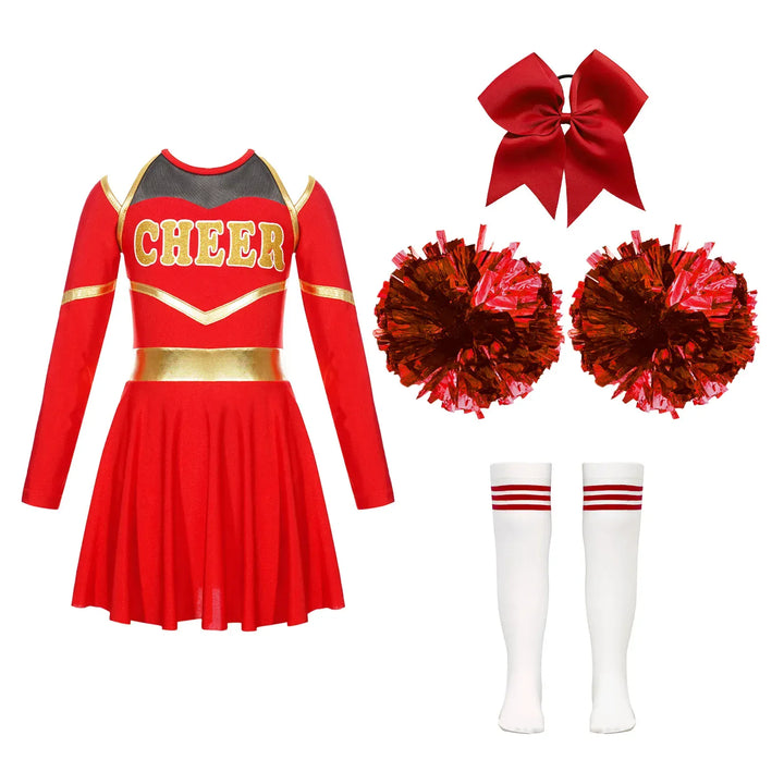 Costume de cheerleader enfant pour fille, ensemble complet avec robe et pompons, parfait pour la performance.