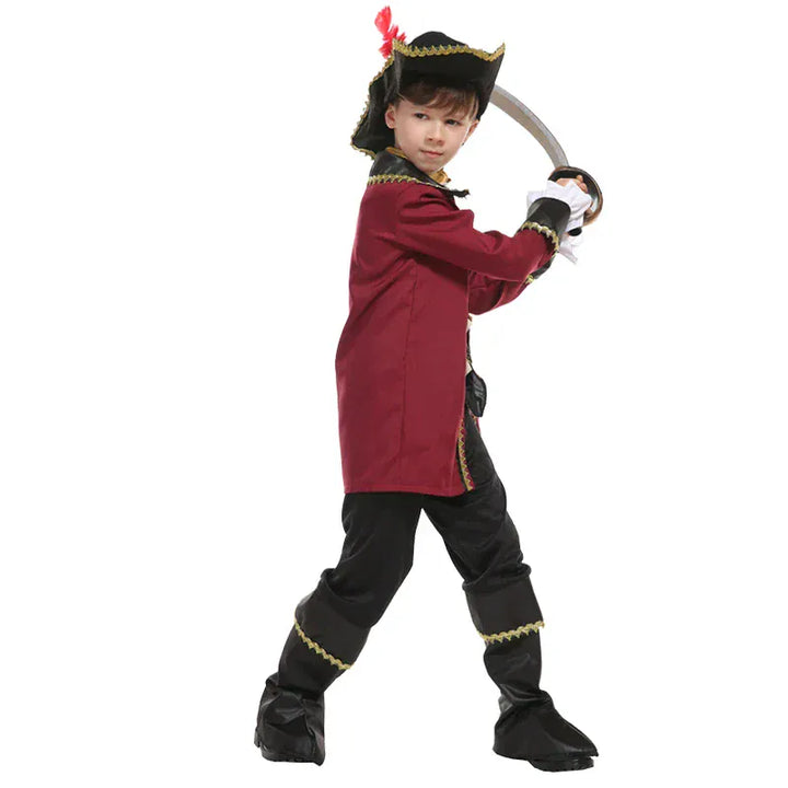 Déguisement pirate capitaine enfant avec chapeau, idéal pour Halloween, carnaval, fête costumée et spectacle.