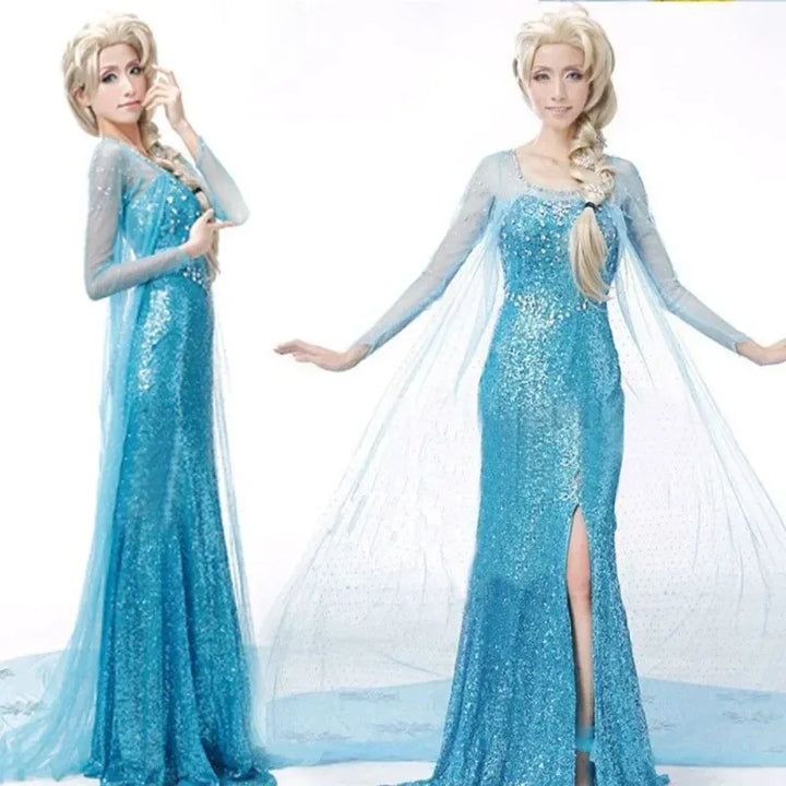 Déguisement princesse femme bleu brillant, pour incarner une reine des glaces au carnaval ou soirée à thème.