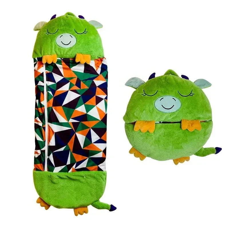 Sac de couchage peluche enfant 2-en-1 ouvert, offrant une literie douce et confortable en forme d'animal pour dormir.