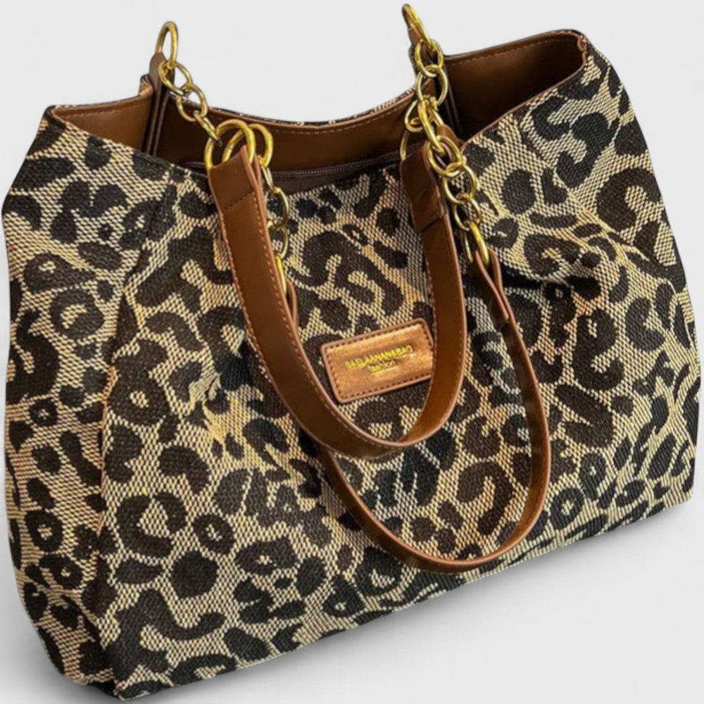 Sac shopping femme élégant en toile léopard marron, grand format et pratique pour la mode.