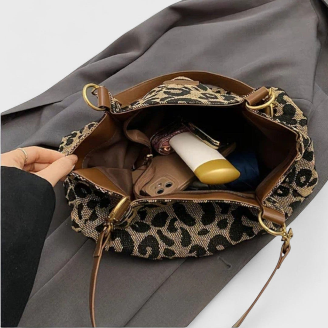Sac à main femme en toile robuste motif léopard, grand format avec sangle bandoulière pour shopping.