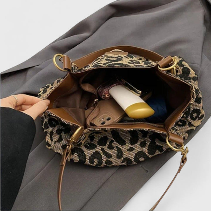 Sac à main femme en toile robuste motif léopard, grand format avec sangle bandoulière pour shopping.