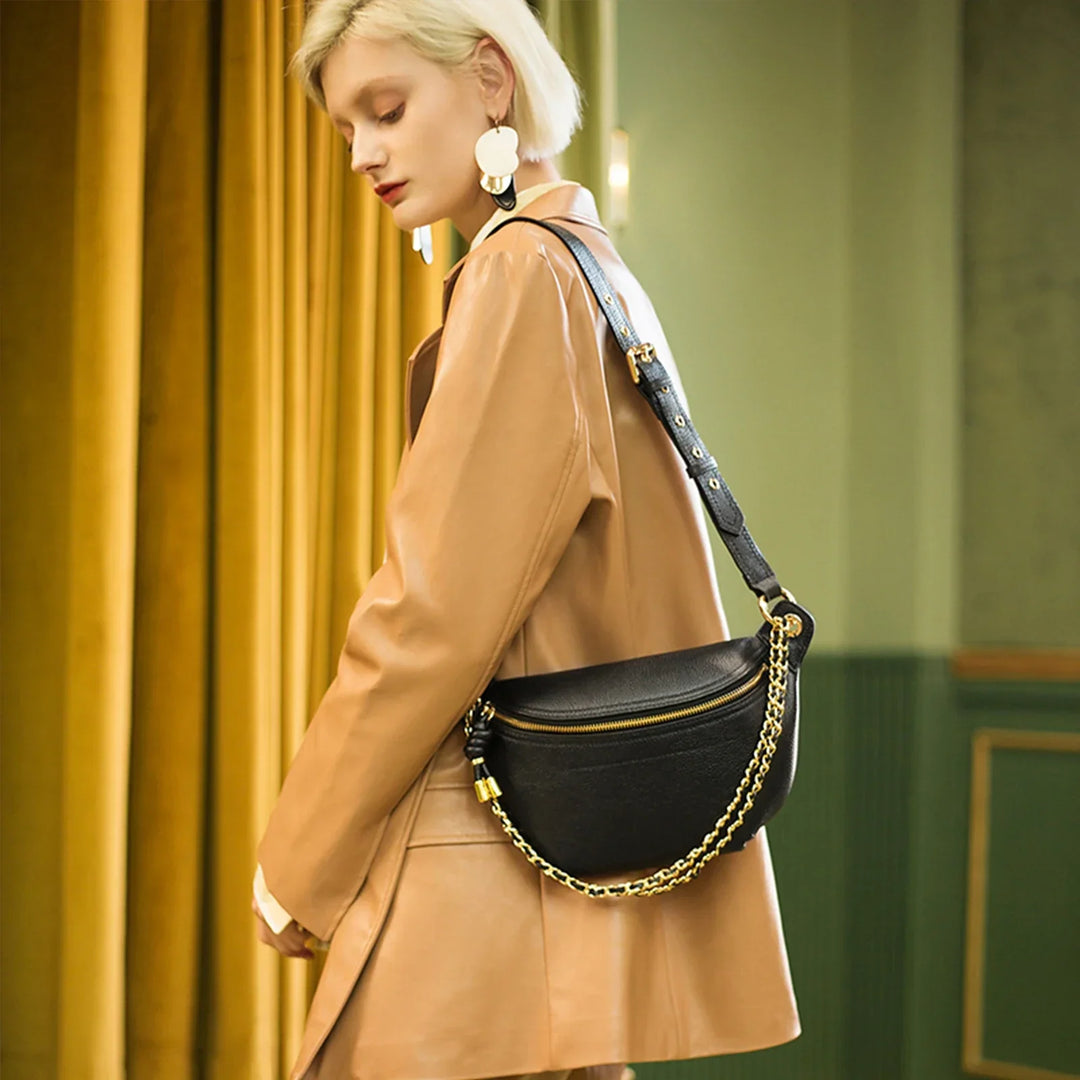 Sac banane cuir véritable beige, mode femme, élégant et pratique, idéal pour les essentiels du quotidien.
