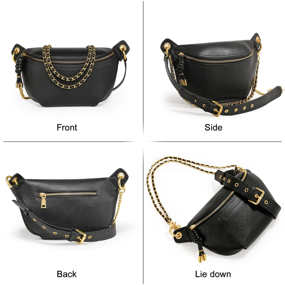 Sac banane pour femme en cuir noir, accessoire mode polyvalent, design chic et moderne, maroquinerie.