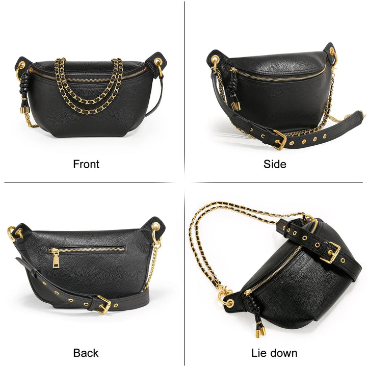 Sac banane pour femme en cuir noir, accessoire mode polyvalent, design chic et moderne, maroquinerie.