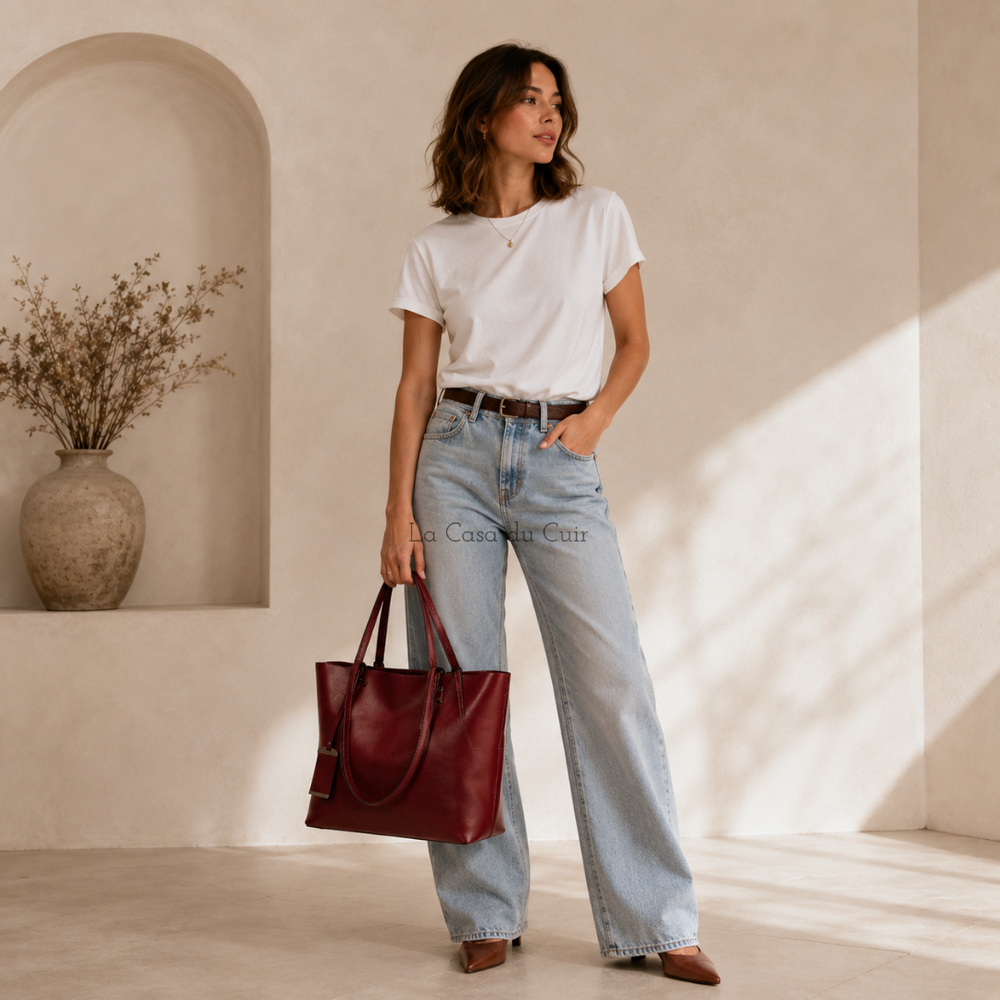Grand sac à main cabas en cuir PU pour femme, idéal pour le quotidien ou la ville.
