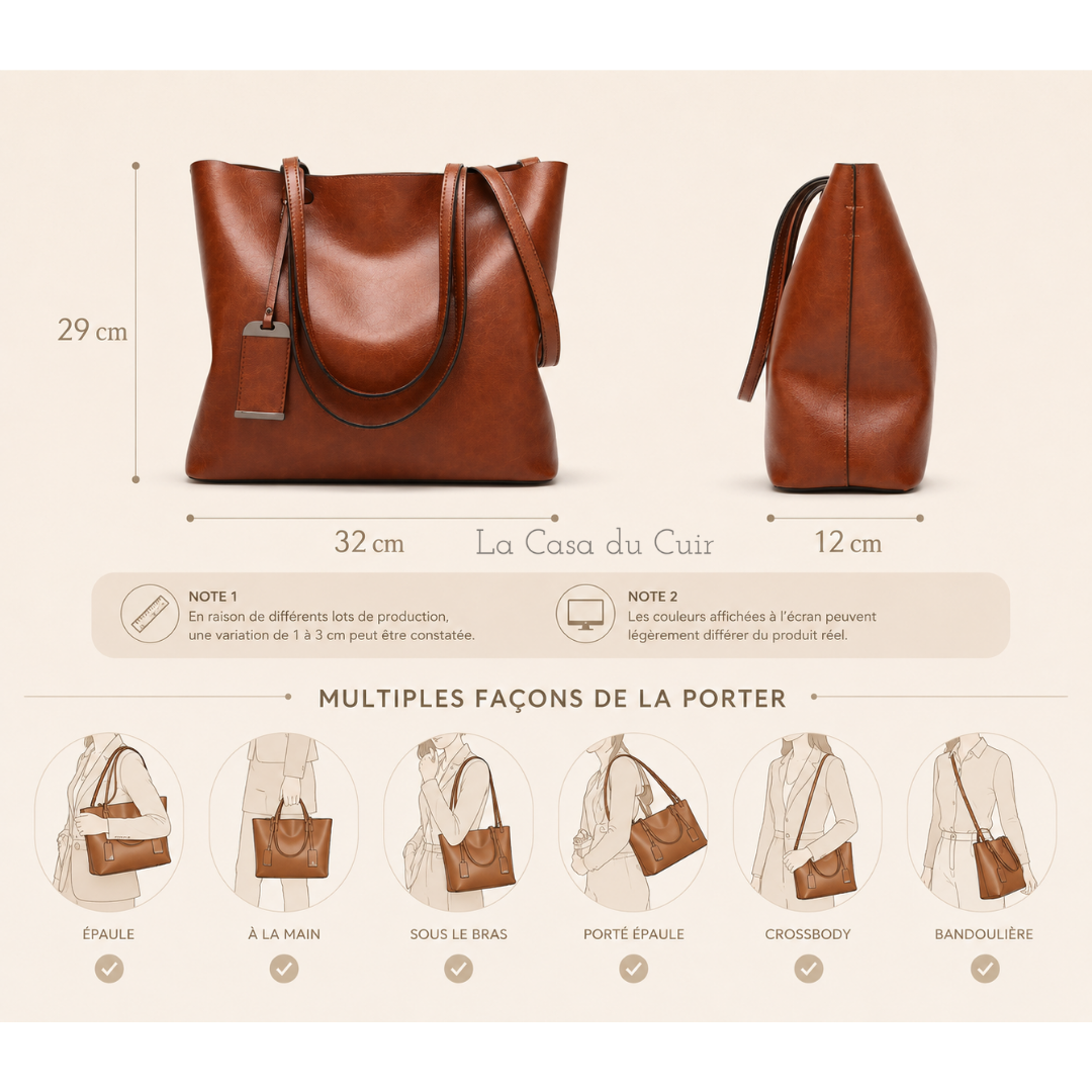 Sac femme en cuir PU, style cabas, polyvalent pour l'épaule, ville ou shopping.