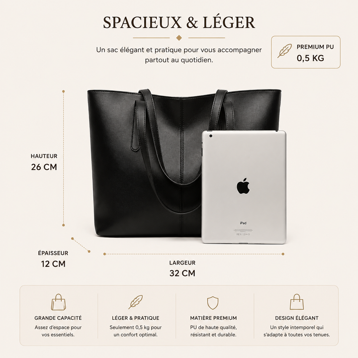 Sac cabas femme chic en cuir vegan, accessoire élégant et tendance pour toutes occasions.