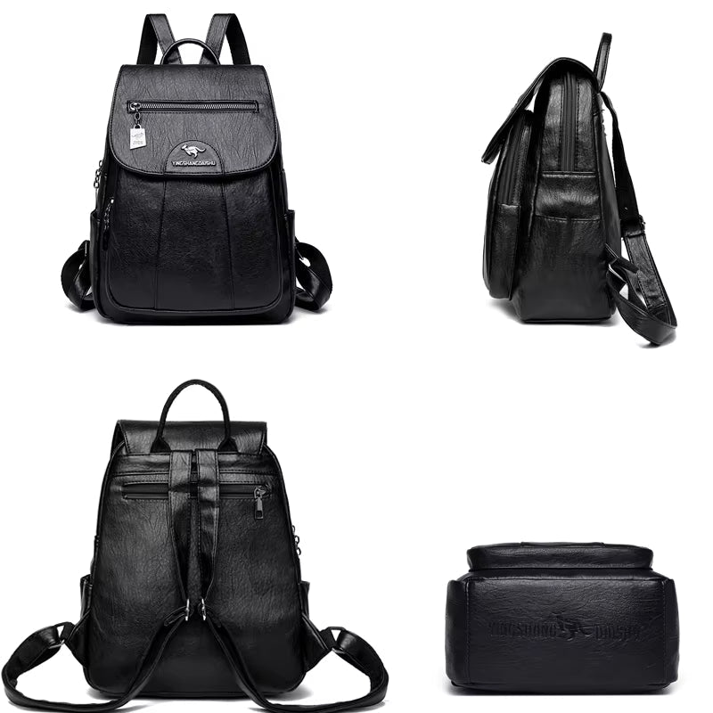 Femme accédant au sac à dos Silvy en cuir PU, illustrant sa praticité et ses rangements bien pensés.