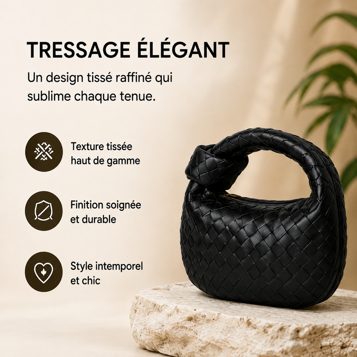 Sac à main tissé compact, design élégant pour femme. Idéal pour un look tendance.