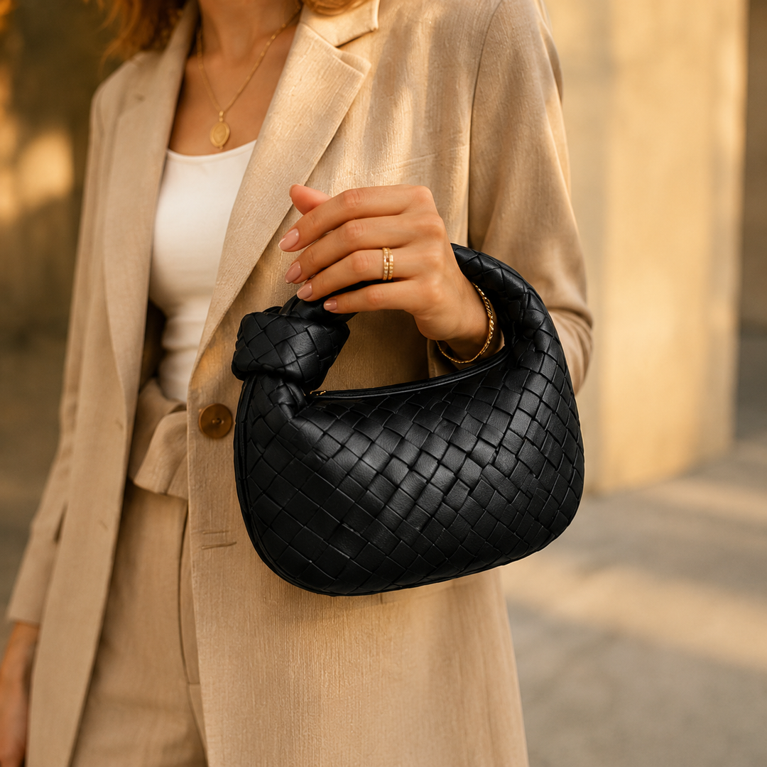 Pochette tissée élégante pour femme, sac compact et tendance. Idéal au quotidien.